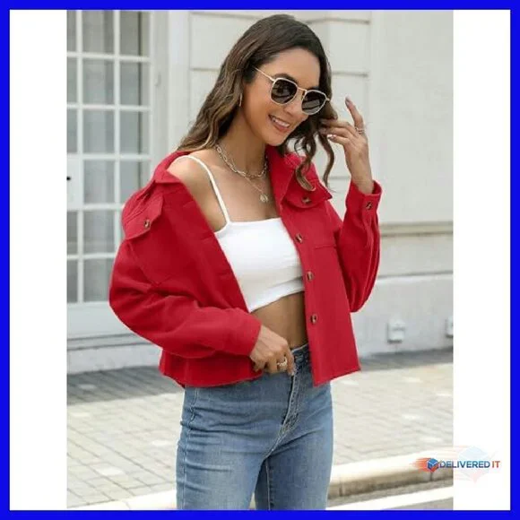 Cropped Flannel Shacket Plaid Button Down Jacket Women's Tops